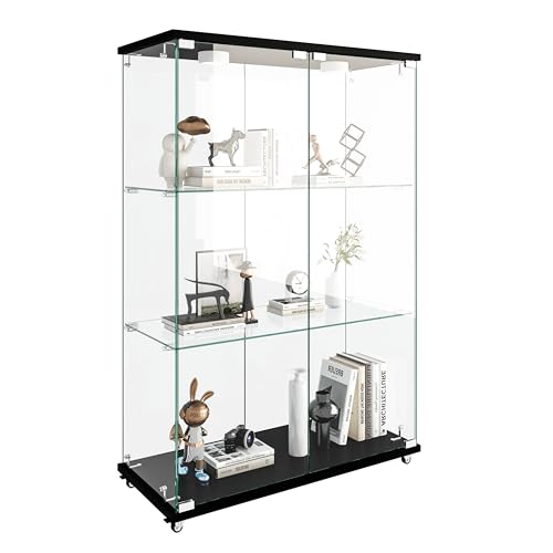 WHLIHUSU Glass Display Cabinet with LED Lights - Curio Cabinet with Glass Doors for Collectibles, Quick Assembly, Tempered Bookshelf, for Living Room and Bedrooms, 2-Door 3-Shelfs, White WHLIHUSU
