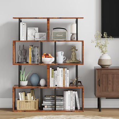 S-Shaped 5-Tier Furologee Bookshelf - Modern Rustic Brown Display Rack for Home & Office - WoodArtSupply