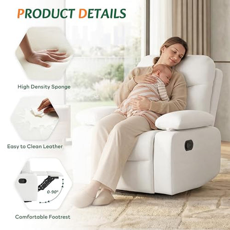 Nursery Glider Recliner with Adjustable Armrests, Oversized Comfortable Nursing Chair for Breastfeeding Moms, 360°Swivel, 90°-160° Recline, Quiet Rocking Chair Nursery for Living Room, White AILEEKISS