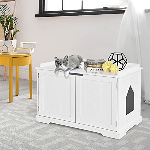 Tangkula Litter Box Enclosure, Cat Litter Box Furniture Hidden, Nightstand Pet House with Double Doors, Indoor Decorative Cat Box Cabinet, Cat Washroom Storage Bench for Large Cat Kitty (Whit - WoodArtSupply