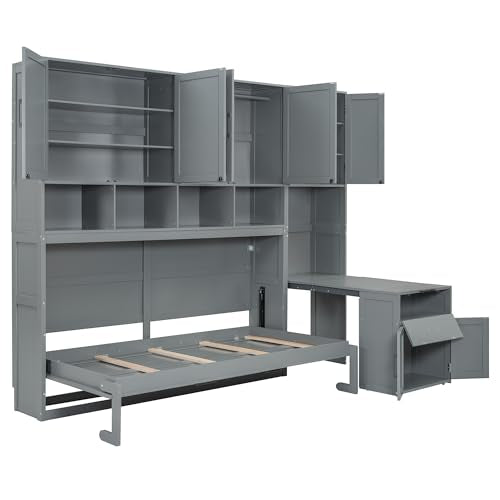 Harper & Bright Designs Twin Size Murphy Bed, Wooden Twin Wall Bed Frame with Closet, Drawers & Desk, Gray Harper & Bright Designs