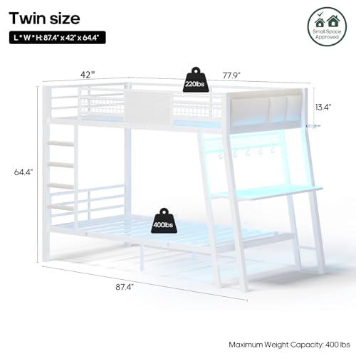 HAUOMS Bunk Bed for Small Space, Twin Over Twin Bunk Beds with Desk, Power Outlets, RGB LED Lights, Storage, Metal Beds with Safety Guardrail & Ladders, No Box Spring Needed (White, No Drawer) HAUOMS