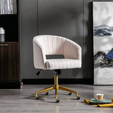 Home Office Chair Swivel Velvet Desk Chair Accent Armchair Upholstered Modern Tufted Chairs with Gold Base for Girls Women Ergonomic Study Seat Computer Task Stools for Living Room(Cream) KCC