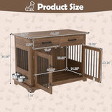 Merax 44.48" Large Dog Crate Furniture with Rotating Dog Bowls, Wooden Dog Kennel Furniture as End Table with 2 Storage Drawers, Decorative Pet Cage Indoor Dog House for Medium Dogs, Brown Merax
