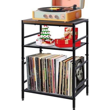 GIOTORENT 3-Tier Record Player Stand with Vinyl Storage, Tall Nightstand with Adjustable Shelf, Narrow Side Table/Bedside Table for Living Room, Bedroom, Office, Bathroom, Rustic Brown and Black GIOTORENT