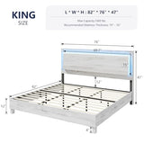 LUXOAK King Size Wood Bed Frame with RGBW LED Light, Mid-Century Modern Platform Bed with Floating Headboard and Solid Wood Legs, No Box Spring Needed, Easy Assembly, Distressed White LUXOAK