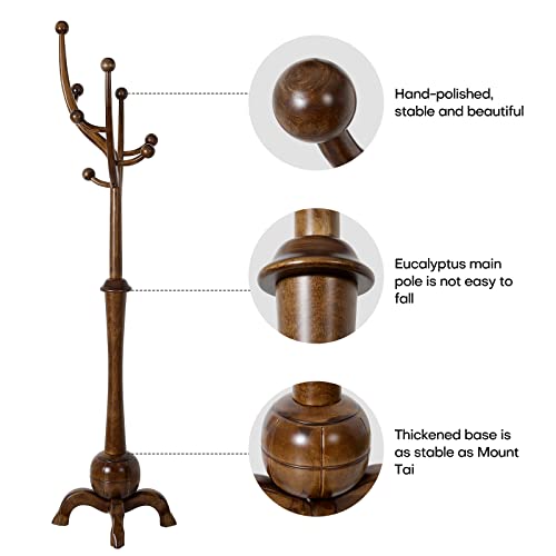 Coat Rack Freestanding Wood Tree Rack with 8 Hooks, Creative Design Tree Branch-look, Coat Tree Clothes Hanger Stand with Stable Sphere Base for Entryway, Hallway, Bedroom - Load 160lbs (Walnut Brown) Bekrvio