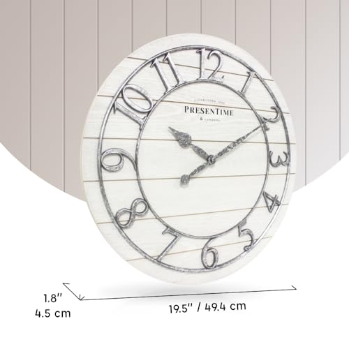 Presentime & Co Classic Farmhouse Shiplap Clock, 19.5 inch, Galvanized Finish Arabic Numerals with White Shiplap Style. Large Farmhouse Decor for Living Room, Entryway, Home Office. Wall Décor Presentime