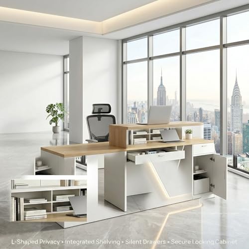 ansespl L Shaped Reception Desk with Counter,63/71inch Reception Room Table with Lockable Drawers & Keyboard Tray, for Office, Salon, Hotel & Clinic
