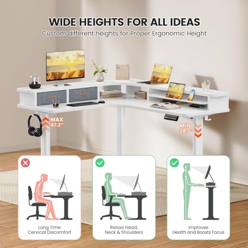 Flycity Electric L Shaped Standing Desk with Drawers, 63" x 55" Corner Standing Desk Adjustable Height, Stand Up Home Office Desk, Dual Motor Sit Stand Desk with 3 Memory Preset & Lock, White Flycity