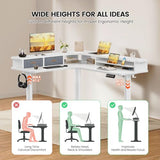 Flycity Electric L Shaped Standing Desk with Drawers, 63" x 55" Corner Standing Desk Adjustable Height, Stand Up Home Office Desk, Dual Motor Sit Stand Desk with 3 Memory Preset & Lock, White Flycity