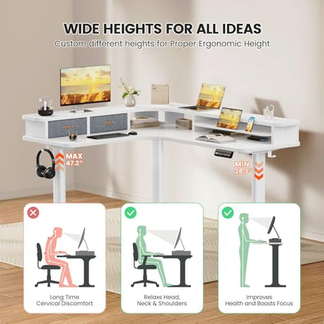 Flycity Electric L Shaped Standing Desk with Drawers, 63" x 55" Corner Standing Desk Adjustable Height, Stand Up Home Office Desk, Dual Motor Sit Stand Desk with 3 Memory Preset & Lock, White Flycity