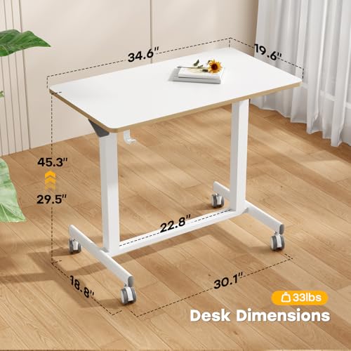 JOY worker Mobile Standing Desk, 35In Small Standing Desk, Pneumatic Height Adjustable Rolling Table Holds Up to 33lbs, White Mobile Laptop Workstation with Dual Handles & Columns, White JOY worker