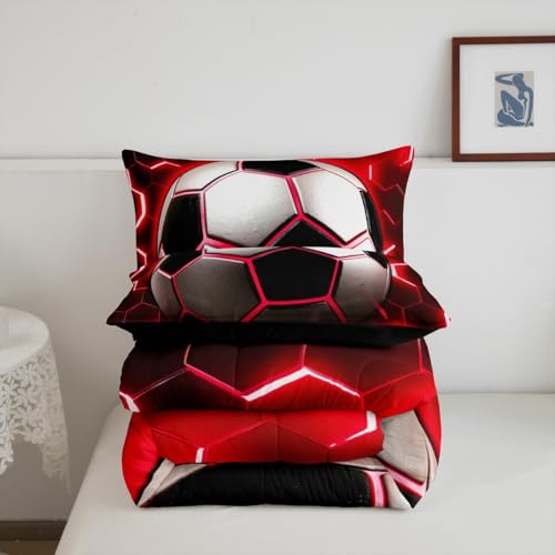 Erosebridal Football Bedding Comforter Sets for Boys Soccer Bedding Sets Full,Red Neon Light Decor Duvet Insert Modern Style Glowing Honeycomb Quilted Comforter 3Pcs,Sports Themed Bedroom Decor Erosebridal