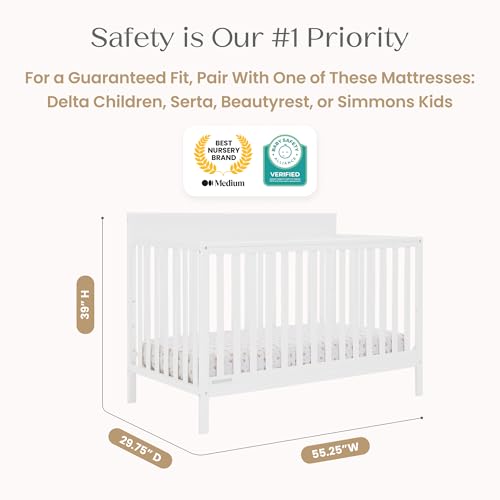 Delta Children Isabelle 6-in-1 Convertible Crib, Converts to Toddler Bed, Daybed, Sofa & Full Bed With/Without Footbaord, Fits Standard Crib Mattress, 3 Mattress Heights for Baby Nursery, Bianca White
