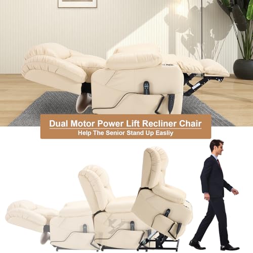 RHHVVR Electric Lift Chair Oversized, Dual Motor Power Lift Recliner Faux Leather Sofa with 8-Point Vibration Massage and Lumbar Heating, Stainless Steel Cup Holders for Elderly, Medium-Firm, Beige RHHVVR