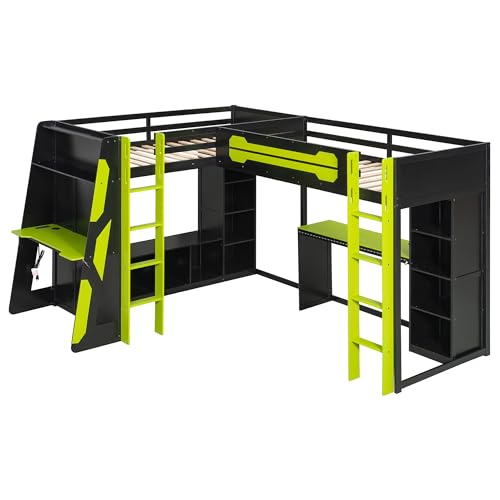 Merax Twin Size Gaming Loft Bed with Desk, TV Stand and Storage Shelves, Solid Wood Dual Twin Bed Frame with RGB LED Lights & USB Ports for Teens Bedroom, Space-Saving Design, Reversible Layout, Green Merax