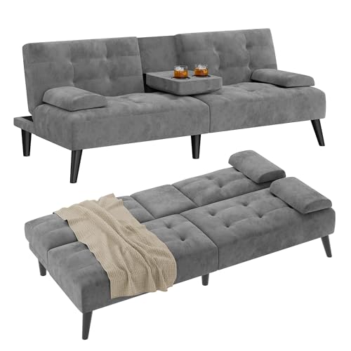 Shintenchi Futon Sofa Bed, Velvet Foldable Couch, Reclining Sleeper with Removable Armrests, Upholstered Loveseat Sofa Couch with Folding Cup Holders for Home, Office, Dark Gray Shintenchi