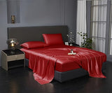 Revdomfly 4 Pcs Queen Size Luxury Silky Soft Wine Red Satin Sheet Set,1 Premium Moisture Wicking Fitted Sheet Fits Up to 16 Inches Deep Pocket + 1 Flat Sheet + 2 Pillowcases（Wine Red, Queen） Revdomfly