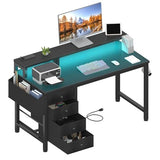 Lufeiya Gaming Desk with LED Lights and Power Outlets, 47 inch Computer Desk with Fabric Drawers, Reversible Home Office Desk with Monitor Stand, Black Lufeiya
