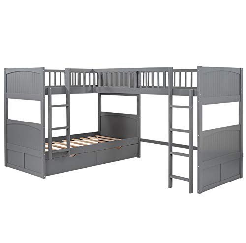 Flieks Triple Bed Twin-Over-Twin-Over-Twin Bed L Shaped Bunk Bed with 2 Drawers and 2 Ladders, No Box Spring Needed Flieks