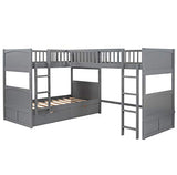 Flieks Triple Bed Twin-Over-Twin-Over-Twin Bed L Shaped Bunk Bed with 2 Drawers and 2 Ladders, No Box Spring Needed Flieks