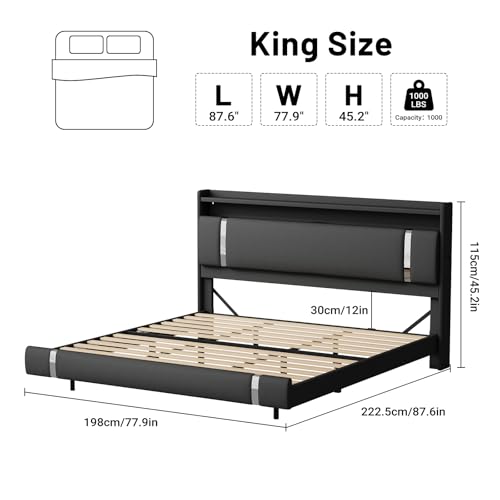 Seeday Floating Bed Frame with Storage Headboard, Modern Black King Size Bed Frame with LED Light and Charging Station, Upholstered Platform Bed Frame, No Box Spring Needed, Metal Frame Noise-Free Seeday
