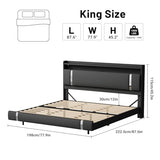 Seeday Floating Bed Frame with Storage Headboard, Modern Black King Size Bed Frame with LED Light and Charging Station, Upholstered Platform Bed Frame, No Box Spring Needed, Metal Frame Noise-Free Seeday