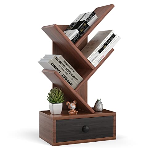 Tangkula 5-Tier Tree Bookshelf with Drawer - Space-Saving Wood Bookcase for Home Office and Dorm - WoodArtSupply