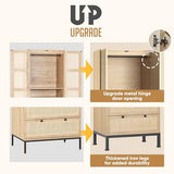 Brafab 74" Natural Rattan Woven Wardrobe Armoire Closet with Hanging Rod, Natural Wooden Armoires Storage Cabinet with Large Drawers and Adjustable Shelves, Tall Freestanding Wooden Closet for Bedroom Brafab