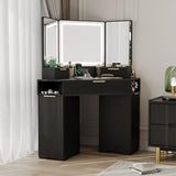 Garvee Black Corner Vanity, Corner Vanity Desk with Mirror and Lights, Fluted Makeup Table with Charging Station, Drawers, Storage Cabinets Garvee