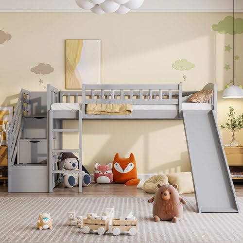 Harper & Bright Designs Kids Loft Bed with Slide and Storage Stairs, Twin Size Wooden Loft Bed with Built-in Ladder, Grey Harper & Bright Designs