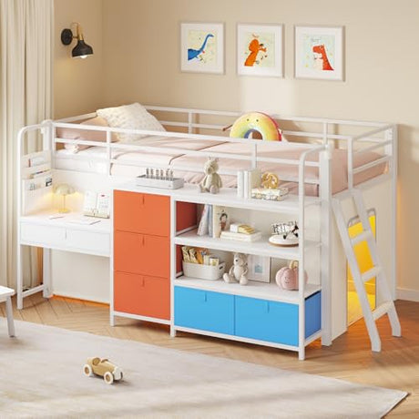 Twin Low Loft Bed for Kids with Built-in Desk, 6 Storage Drawers, Bookshelf, Under-Bed Play Tent with LED Lights, Metal Twin Size Loft Beds with Safety Guardrail & Inclined Ladder, White & Multicolor mojiasion