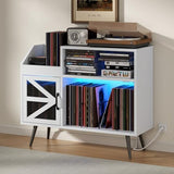 Loomie Large Record Player Stand with Power Outlet & LED Light, 350 Vinyl Record Storage Cabinet with Magnetic Door, Turntable Table with Wood Legs for Living Room (White) Loomie