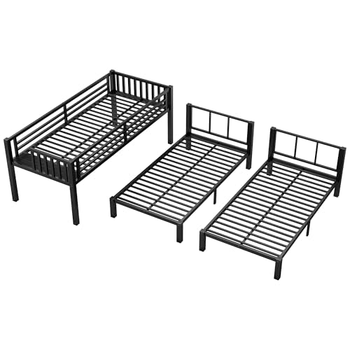 MoproBeti Triple Bunk Bed for Kids,Metal Heavy Duty 3 Bunk Beds with Storage Shelf & Ladder, Convertible Three Bunk Beds for Girls Boys Teens,Can be Separated into 3 Beds, Black MoproBeti