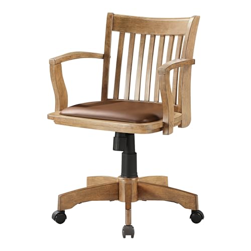 OSP Home Furnishings Deluxe Wood Banker's Desk Chair with Padded Seat, Adjustable Height and Locking Tilt, Fruitwood Finish and Brown Vinyl - WoodArtSupply