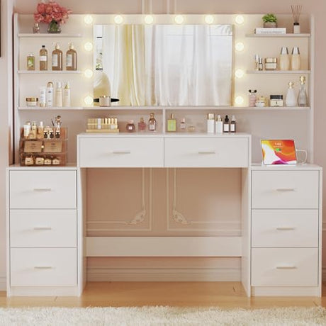 HUAHUU Large Vanity Desk with Mirror & Lights, White Makeup Vanity with 8 Drawers & 6 Storage Shelves, Vanity Set with LED Lights and Power Outlet, 3 Lighting Modes, Adjustable Brightness HUAHUU
