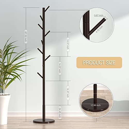 Wooden Freestanding Coat Tree with 4 Height Options and 9 Hooks, Sturdy Coat Rack Stand for Clothes/Bags/Hats,Easy Assemble Save Space for Entryway,Bedroom,Office,Narrow Place-Coffee - WoodArtSupply