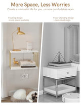 Sivapleso Floating Nightstand with Cable Hole, Modern Minimalism Small Wall Mounted White&Gold Bedside Table Pine Wood Hanging Night Stands Storage 2 Tier Shelf for Bedroom Bathroom Kitchen Sivapleso