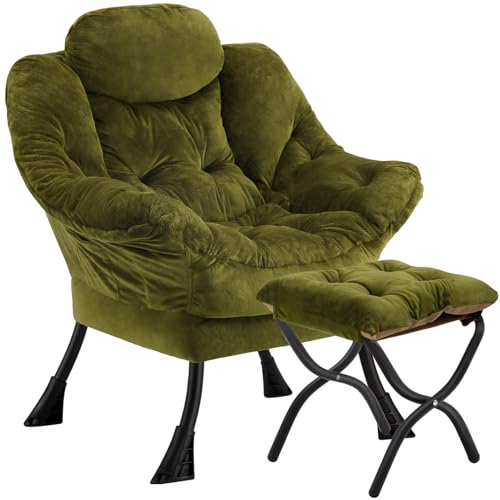 Congermom Lazy Chair with Folding Ottoman,Leisure Sofa Chair,Soft Fabric Armchair with Armrests and Side Pockets, Reading Chair with Footrest for Living Room, Bedroom, Office (Plush Green)