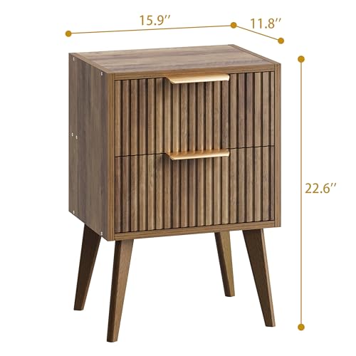 YAUKOMEL Mid Century Modern Nightstand,Small Bedside Table with 2 Drawers,Fluted Side Table,Walnut Brown End Table for Living Room,Bedroom,Small Space,Caramel Oak 11.8" D x 16" W x 22.4" H CTG55BR YAUKOMEL