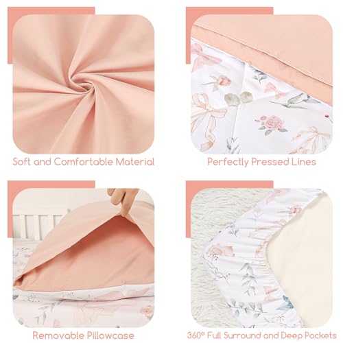 GFU 4 Piece Toddler Bedding Set, Ultra Soft and Breathable Toddler Comforter Sets for Girls Includes Quilted Comforter, Fitted Sheet, Flat Sheet and Pillowcase, Pink Flowers GFU