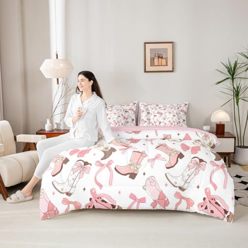 Pink Bow Comforter Set With Sheets Full Size,Kids Boys Girls Cute Bow Knot 7 Piece Bedding Set for Western Cowgirls Bed In A Bag,Dreamy Pink Sheet Set With Fitted Sheet,Pillowcases & Pillow Covers Erosebridal