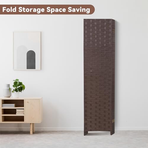 6 Panel Folding Portable Partition Screen ，71”high， Room Divider Wood Screen with Bamboo Mesh Woven Design Room Dividers Privacy Screens Dividers for Home Office Restaurant Bedroom, Brown RROCOSIA