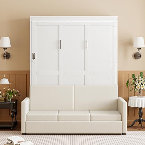 P PURLOVE Full Wood Murphy Bed with Sofa, Wall Bed Without Slats, No Box Spring Needed (White) P PURLOVE