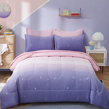 Dinjoy Girls Comforter Set Full Size Colorful Ombre Pink Purple Rainbow Bedding Set Bed in A Bag for Kid Teen Girls 7 Pieces (1 Comforter, 1 Flat Sheet, 1 Fitted Sheet, 2 Pillow Shams, 2 Pillowcases) Dinjoy