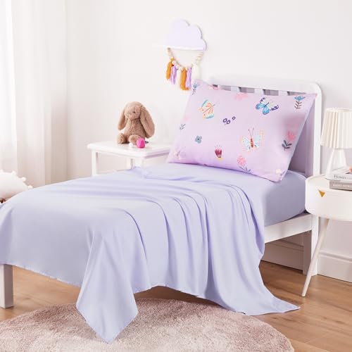 Wake In Cloud - Butterfly Toddler Bedding Set for Girls, Cute Colorful Butterfly with Floral Flowers, 4 Pieces Soft Crib Bed Set Including Comforter, Sheets and Pillowcase, Purple Wake In Cloud