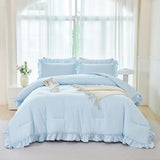 ANGIYUIN Light Blue Ruffle Girls Comforter Set Twin Size 5 Pieces Ruffled Farmhouse Bed in A Bag Solid Boho Bedding Comforter Sets Soft Fluffy Bed Sets for Kids Girl(Light Blue Twin) ANGIYUIN