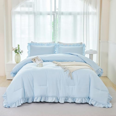 ANGIYUIN Light Blue Ruffle Girls Comforter Set Twin Size 5 Pieces Ruffled Farmhouse Bed in A Bag Solid Boho Bedding Comforter Sets Soft Fluffy Bed Sets for Kids Girl(Light Blue Twin) ANGIYUIN
