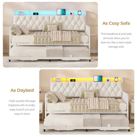 ADORNEVE Daybed with Trundle, Twin to King Daybed with Charging Station & LED Lights, Metal Trundle Bed Twin with Hidden Storage Headboard, Upholstered Sofa Day Bed for Living Room, Bedroom, White ADORNEVE
